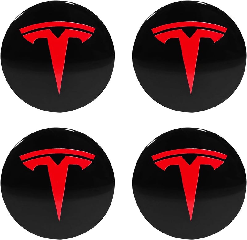 Knomix 4 Pack Aluminum Waterproof Wheel Cover Center Emblem Sticker for Tesla Model 3 Model Y 56mm Hubcaps Wheel Rim Cover (Black Background+Red Emblem) - Image 1
